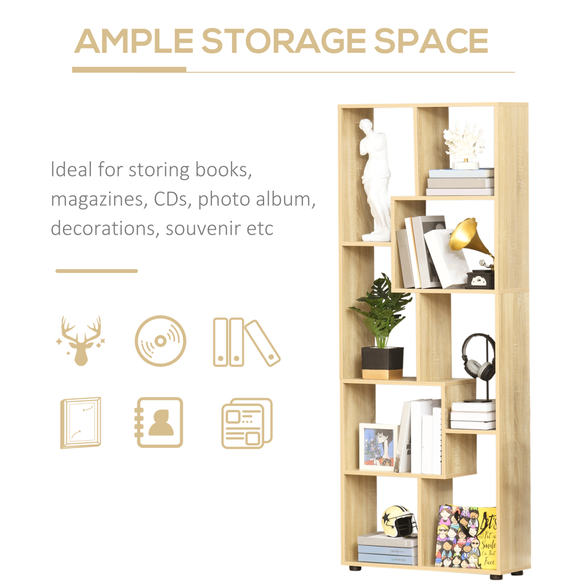 HOMCOM 178cm 8-Shelf Bookcase with Melamine Surface and Anti-Tipping Design – Multipurpose Storage, Oak Tone