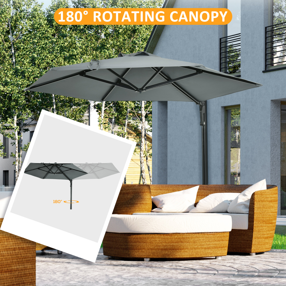 Outsunny Wall-Mounted Parasol with 180° Rotating Canopy & Aluminium Frame – Space-Saving Balcony Shade, Grey
