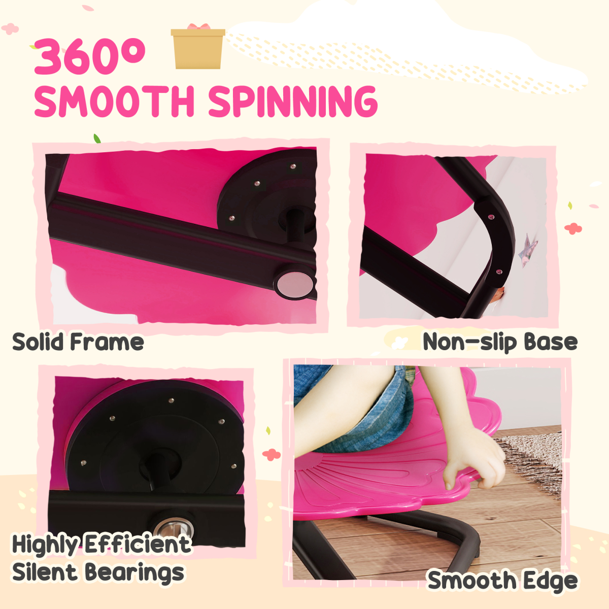 Kids Sensory Spinning Chair with 360° Swivel & Steel Base – Flower-Shaped Seat for Ages 3-6, Pink and Black