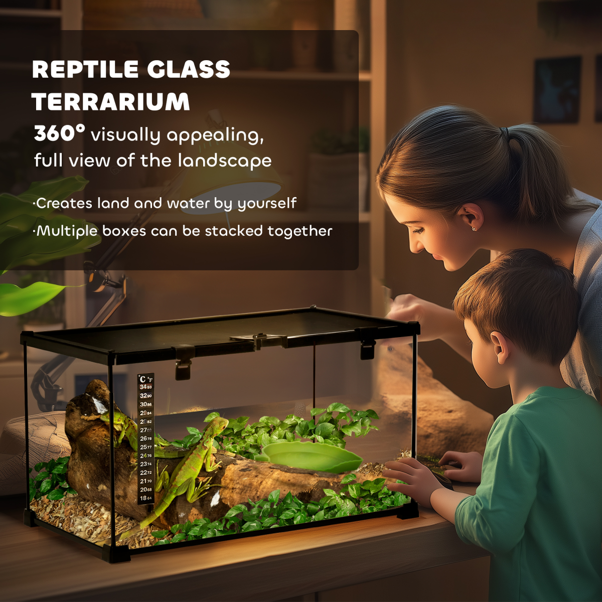 PawHut Glass Reptile Terrarium with Water Basin & Mesh Top – Habitat for Lizards, Frogs, Snakes, 50x30x25cm