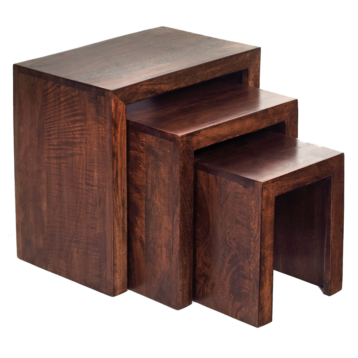 Indian Hub Toko Dark Mango Wood Nest of 3 Tables – Dark Walnut Stain with Matching Wooden Handles