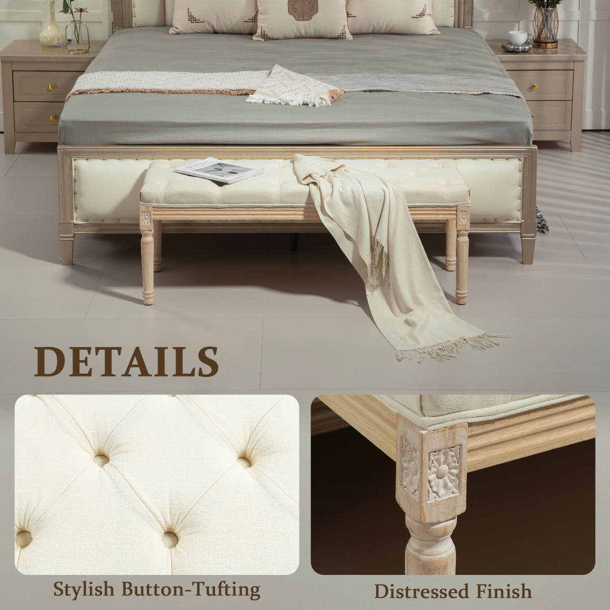 HOMCOM Upholstered End of Bed Bench, Button-Tufted Linen-Touch Ottoman, Cream White
