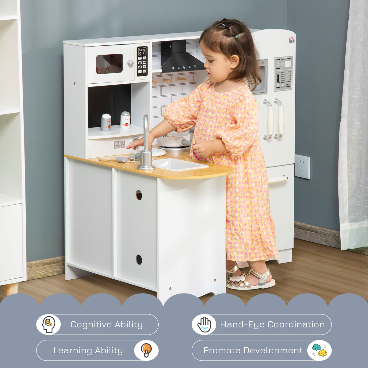 HOMCOM Large Kids Kitchen Playset with Fridge, Microwave and Sink – Role Play Toy Kitchen, White