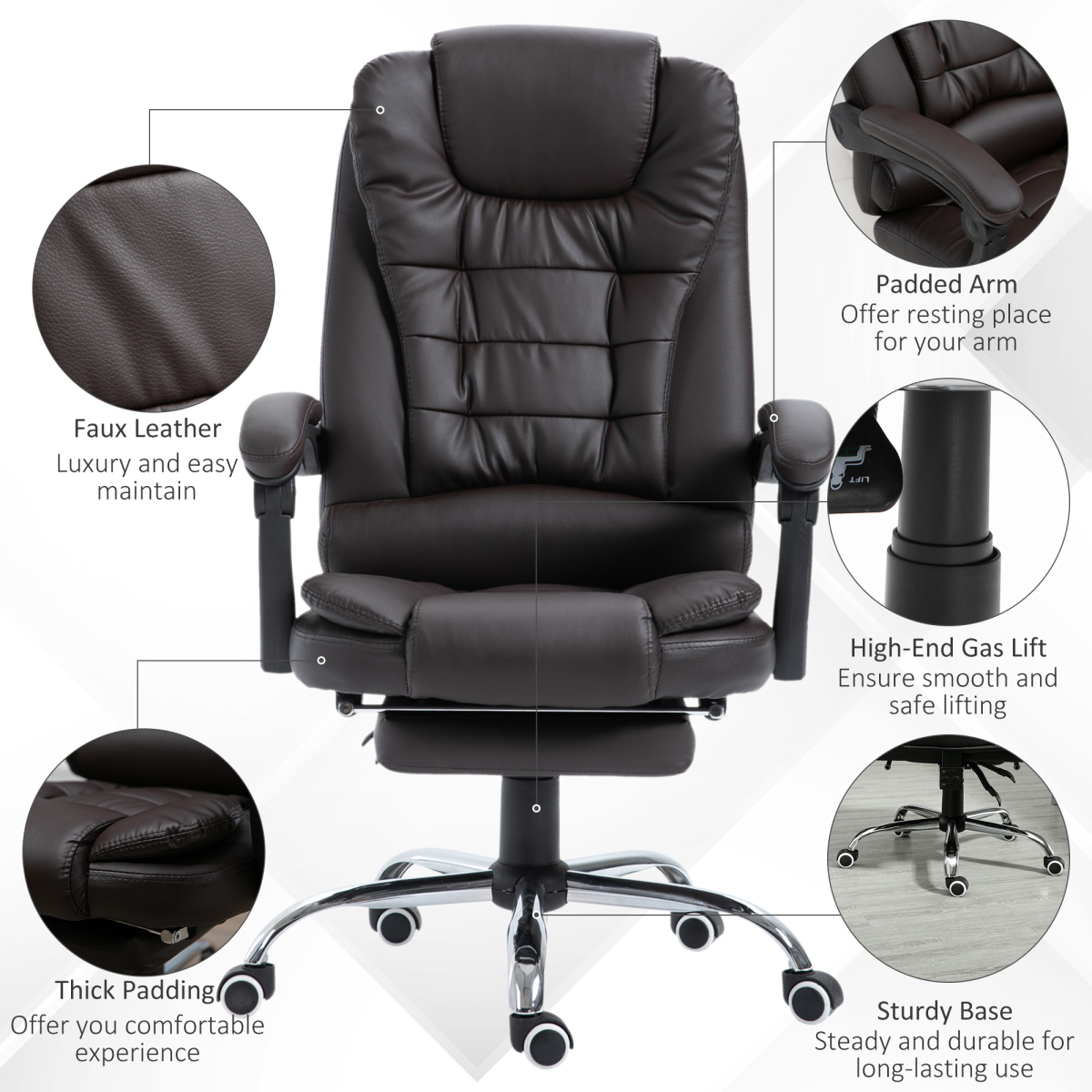 High Back Executive Reclining Office Chair with Retractable Footrest & Lumbar Support – PU Leather Home Office Chair, Brown