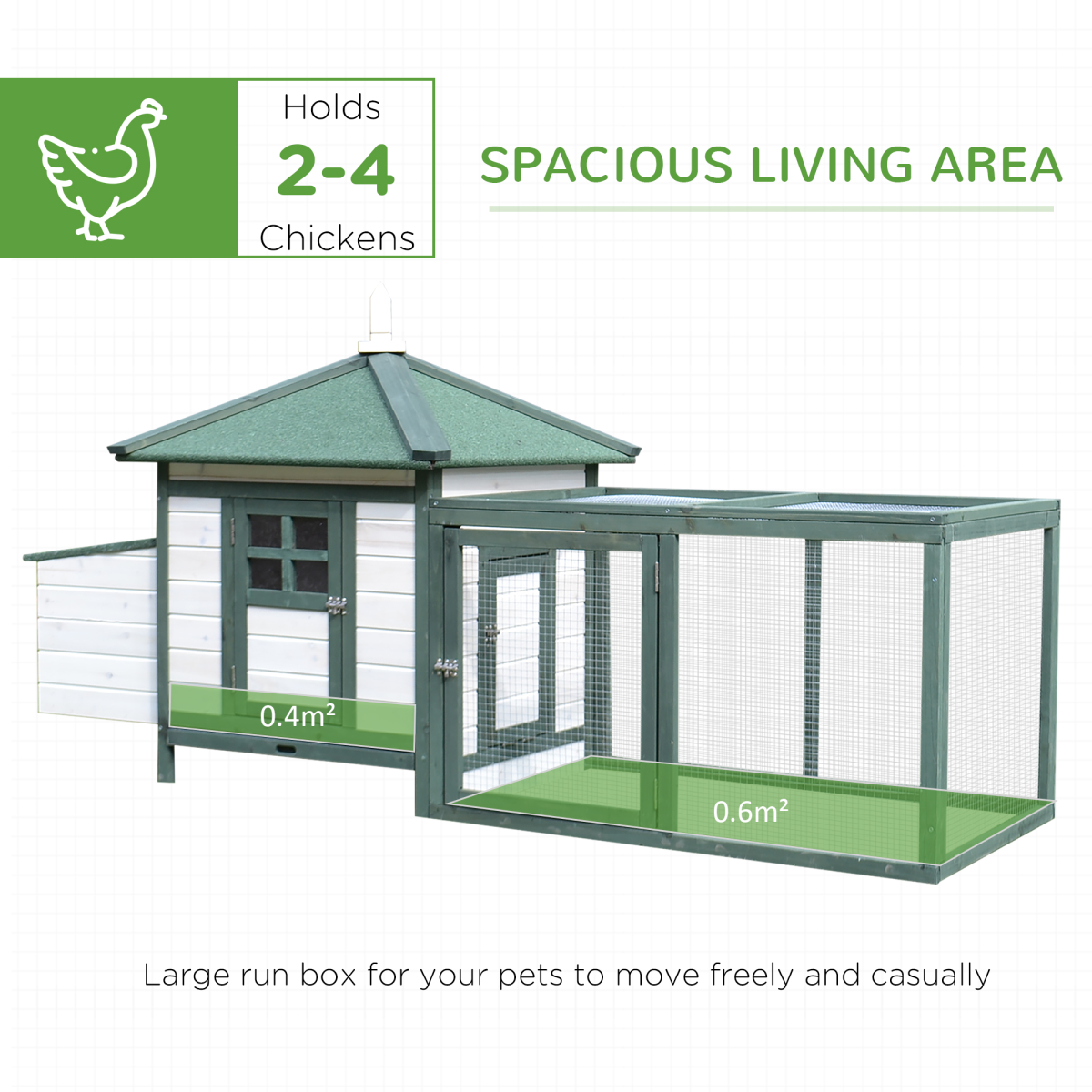 PawHut Wooden Chicken Coop with Nesting Box, Outdoor Run & Removable Tray – Elevated Poultry House, Green