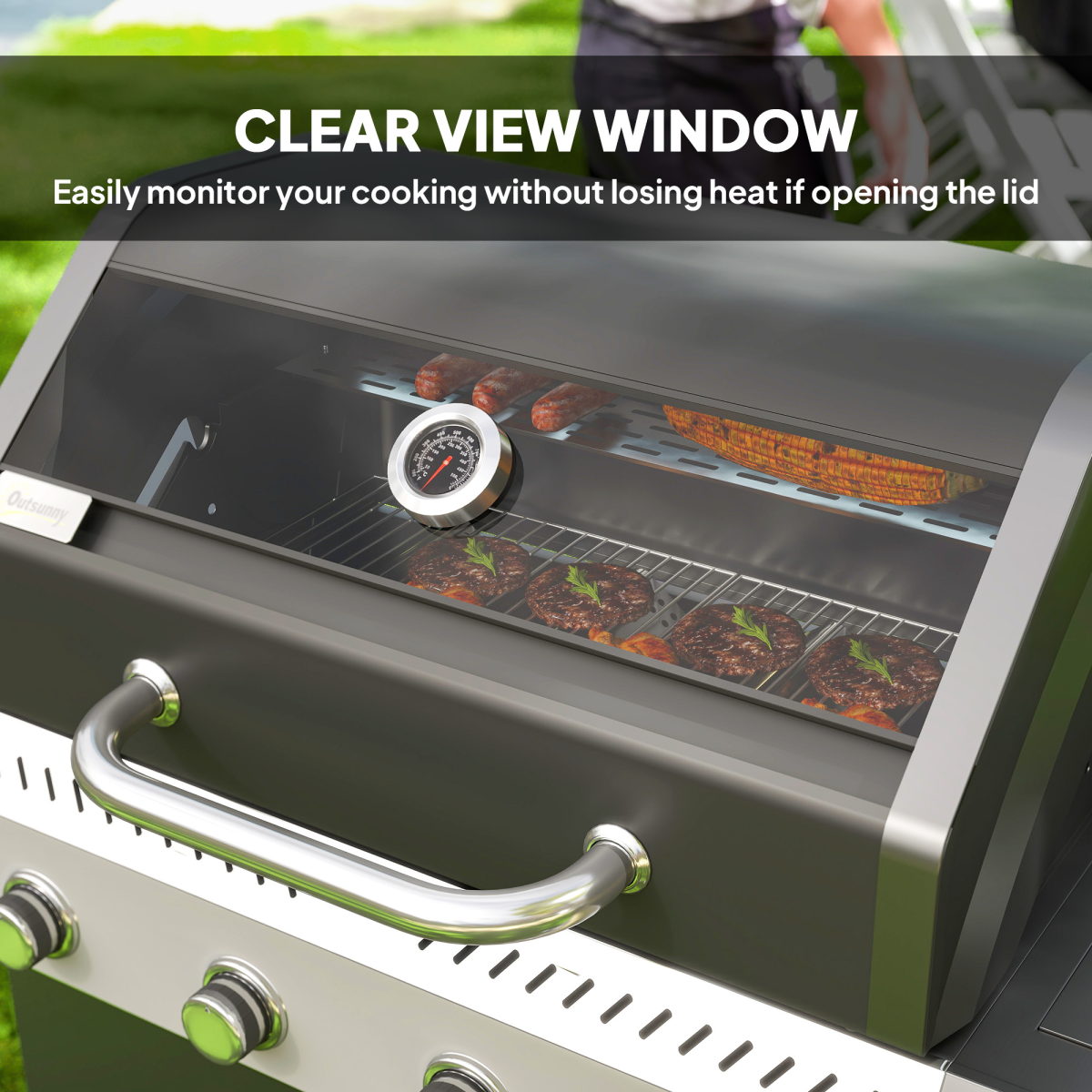 Outsunny 4+1 Burner Gas BBQ Grill with Clear View Lid, Thermometer and Storage Cabinet – Propane Barbecue on Wheels, Black