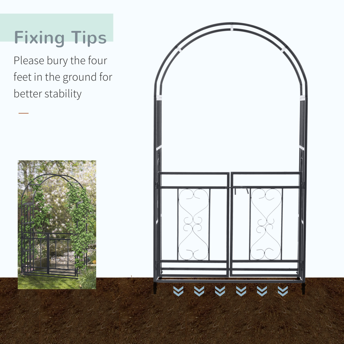 Outsunny Metal Garden Arch with Double Gate – Climbing Plant Arbour with Reinforced Frame, Dark Grey
