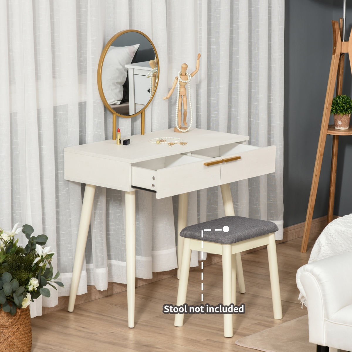 HOMCOM Modern Dressing Table with 2 Drawers and Round Mirror – Particle Board Bedroom Vanity, White