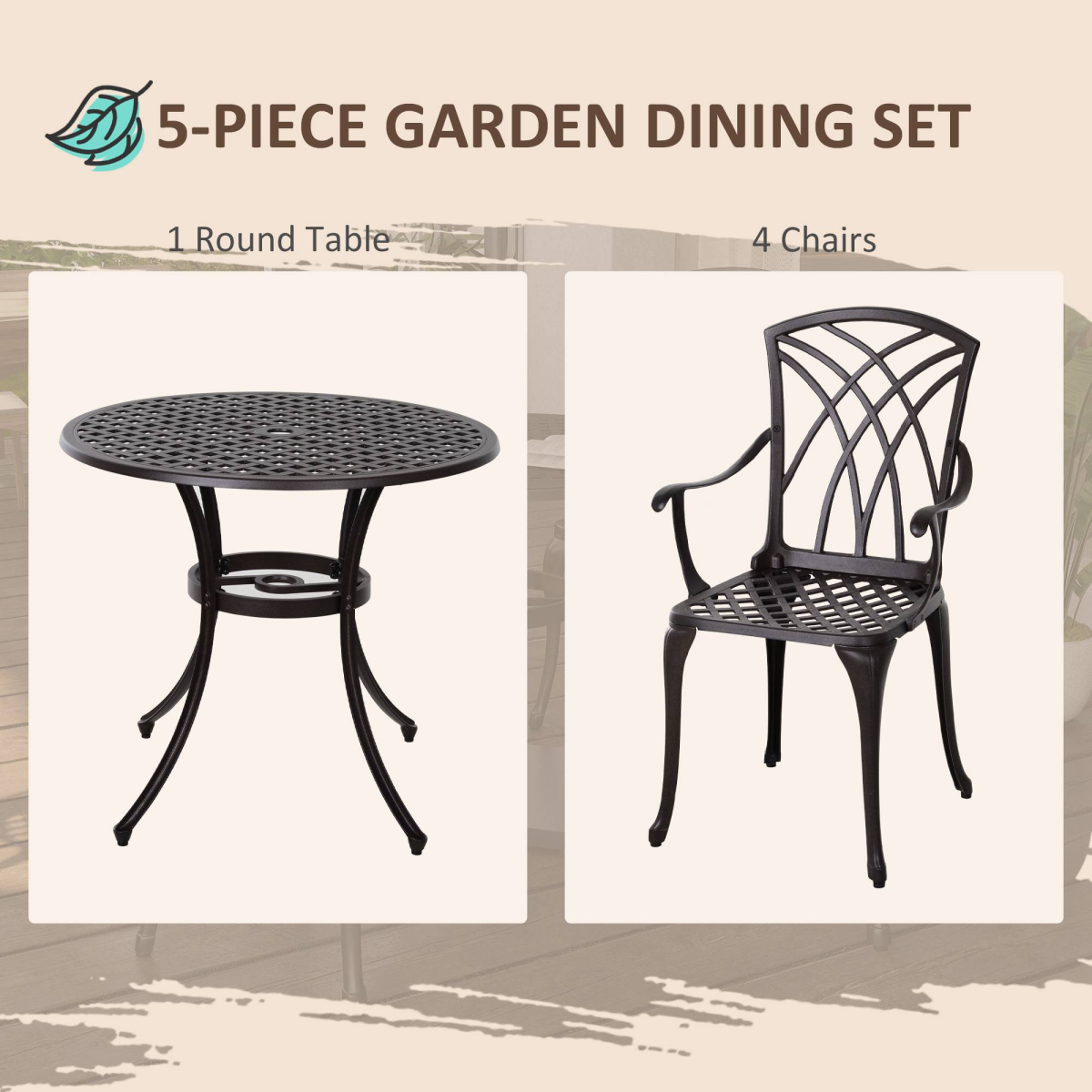 Outsunny Cast Aluminium 4-Seater Garden Bistro Set with Parasol Hole Table – Five-Piece Outdoor Dining, Brown