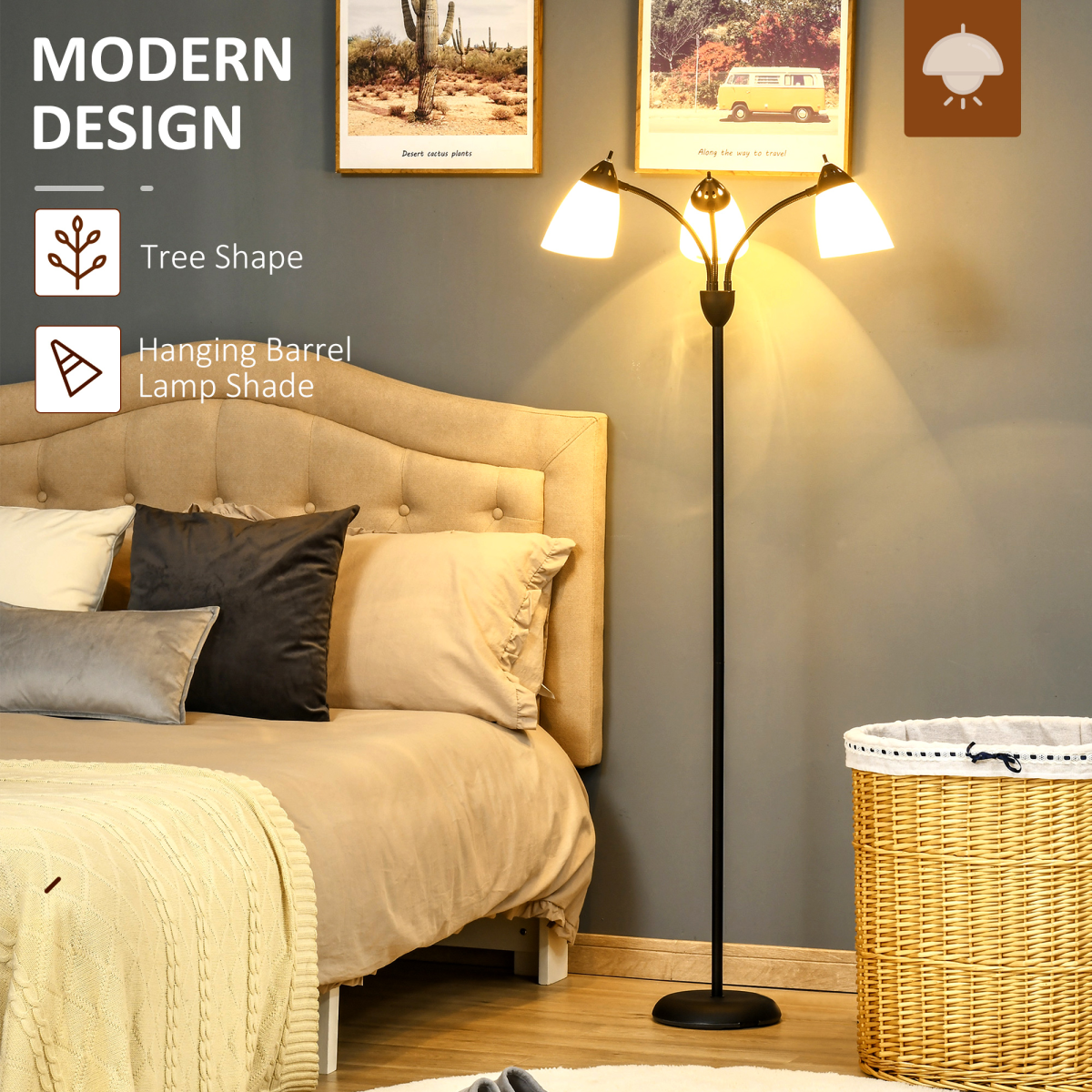 155cm Arc Tree Floor Lamp with 3 Rotating Lights – Black