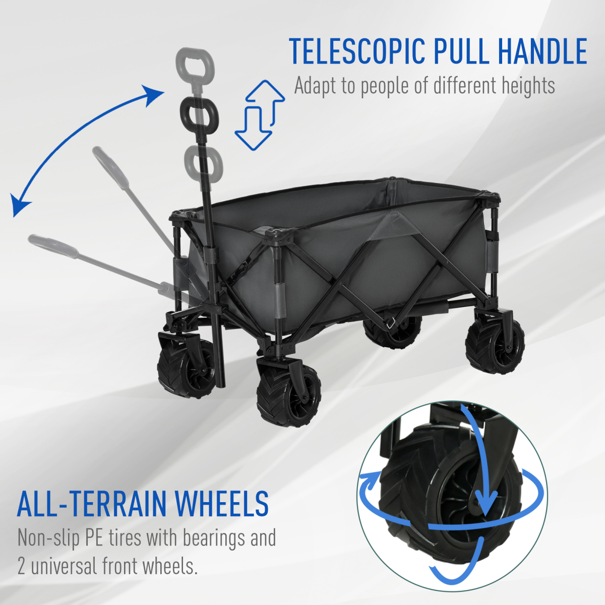 Outsunny Folding Cargo Wagon Beach Cart with Telescopic Handle & Metal Frame, 70kg Capacity – Dark Grey