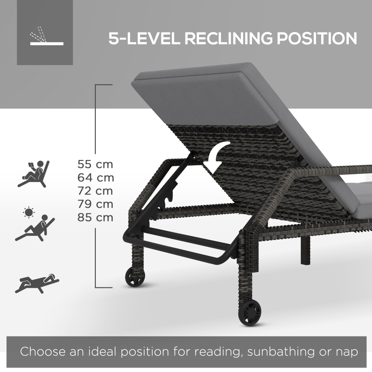 Outsunny PE Rattan Chaise Sun Lounger with 5-Level Adjustable Backrest, Cushion & Wheels – Garden Lounger, Grey