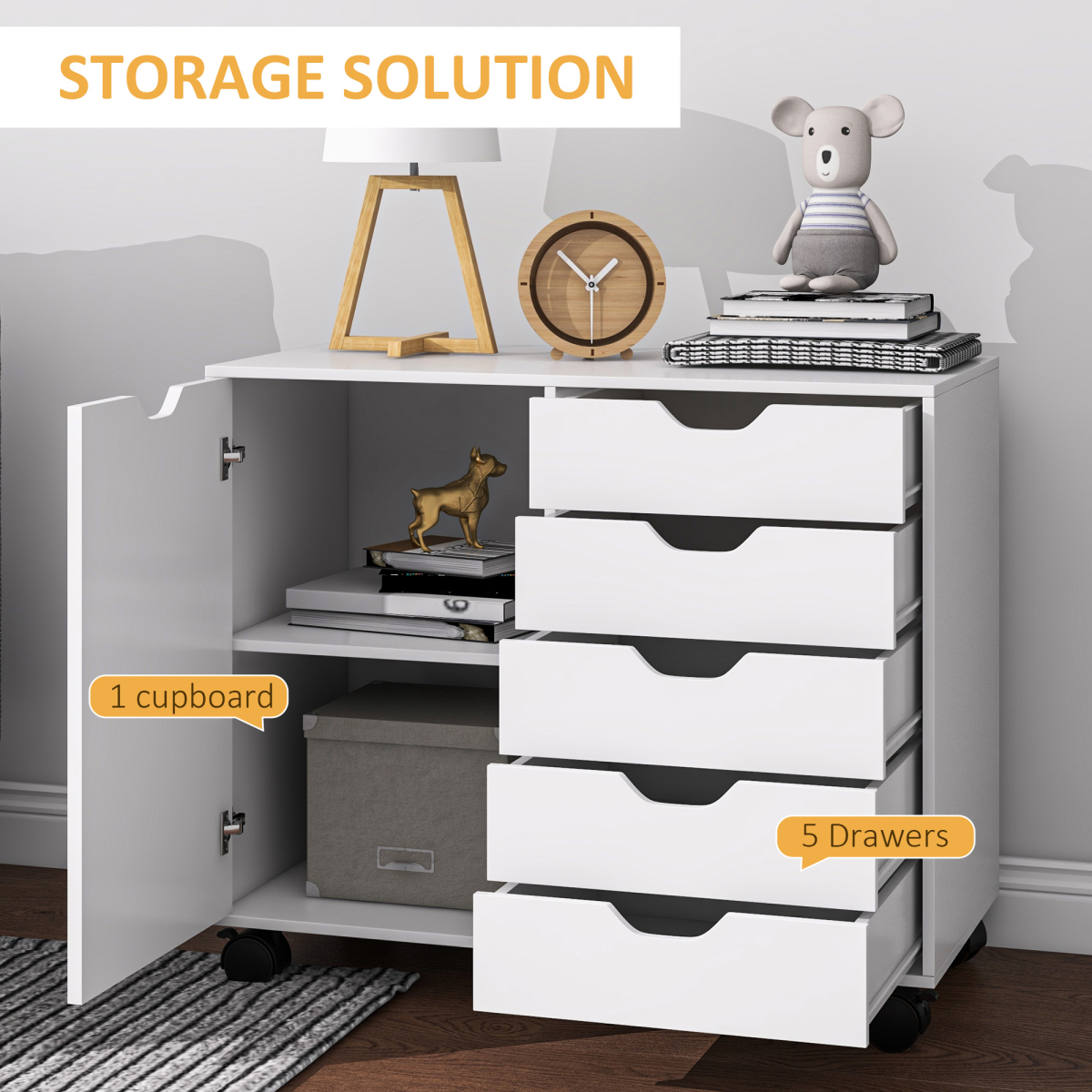 HOMCOM Mobile 5-Drawer Office Storage Cabinet with Door & Wheels – Printer Stand, White