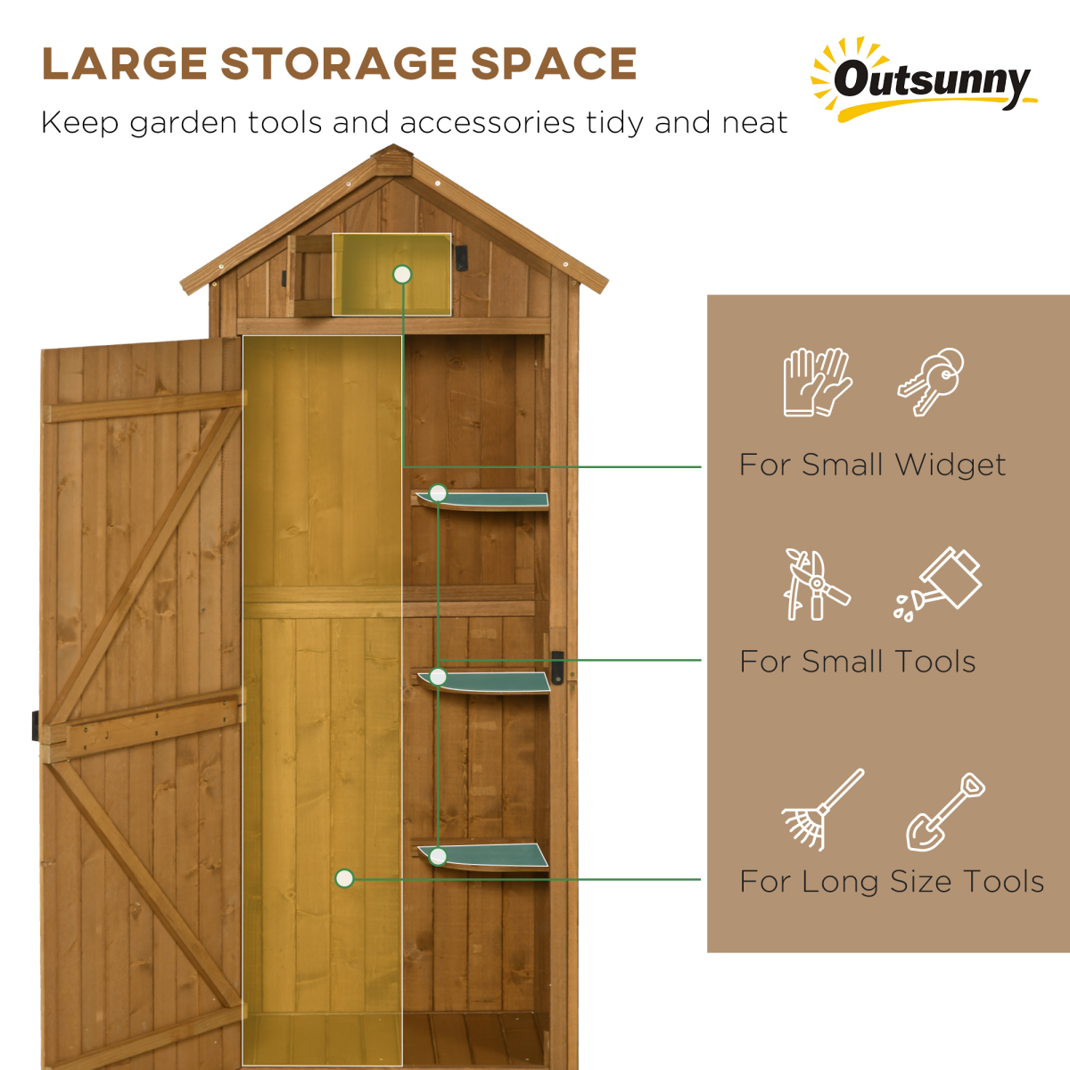 Wooden Garden Utility Storage Shed with 3 Shelves, 77 x 54 x 179cm – Water-Resistant Tool Store, Brown