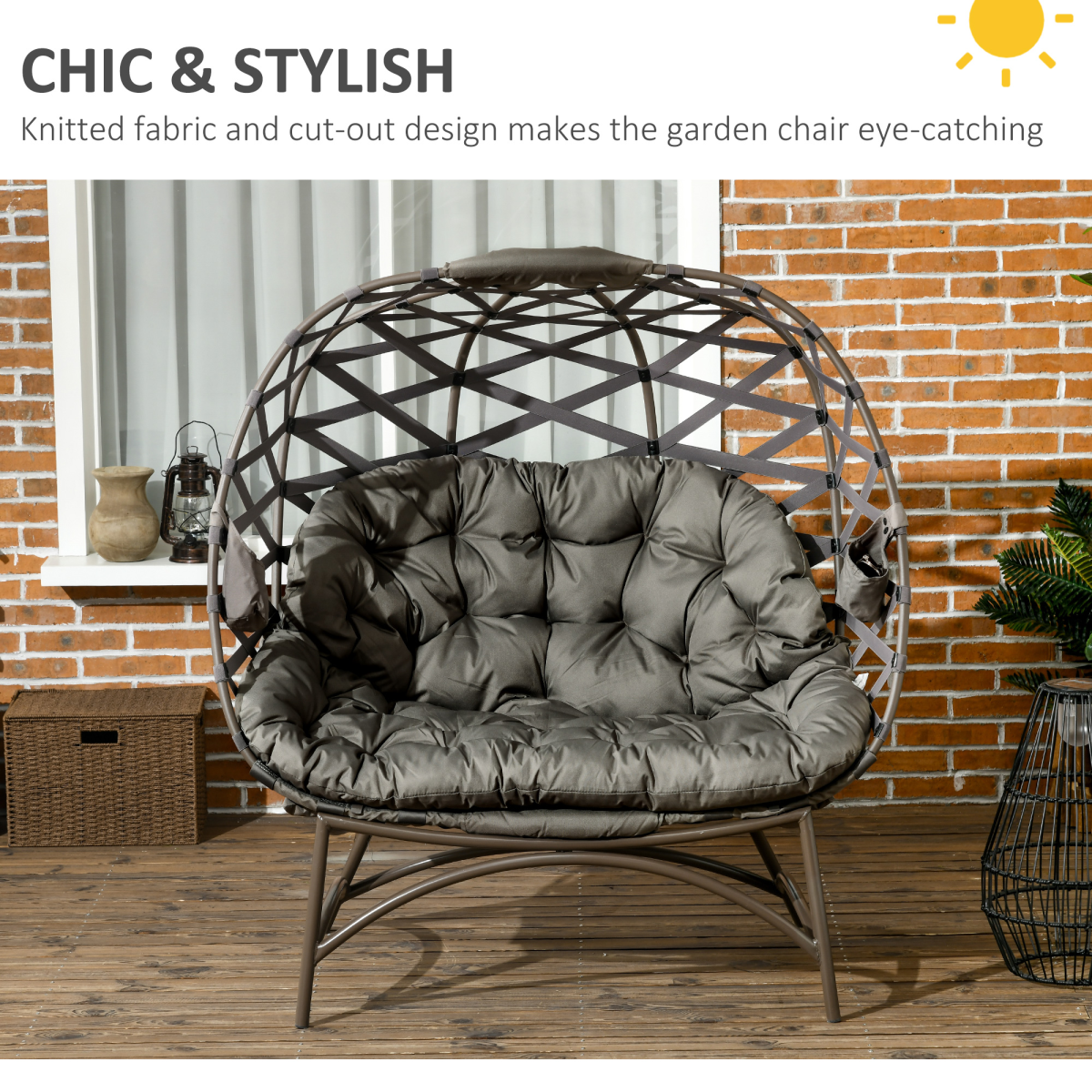 Outsunny 2-Seater Outdoor Egg Chair with Padded Cushion & Cup Pockets, Powder-Coated Steel Frame – Garden Lounger, Sand Brown