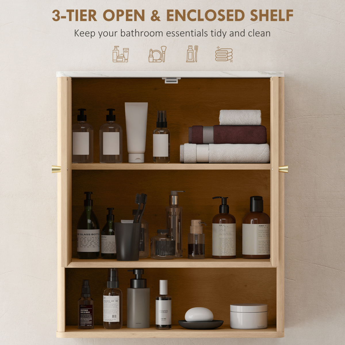 HOMCOM Bathroom Wall Cabinet with Adjustable Shelf and Open Shelf – Wall-Mounted Storage, Oak