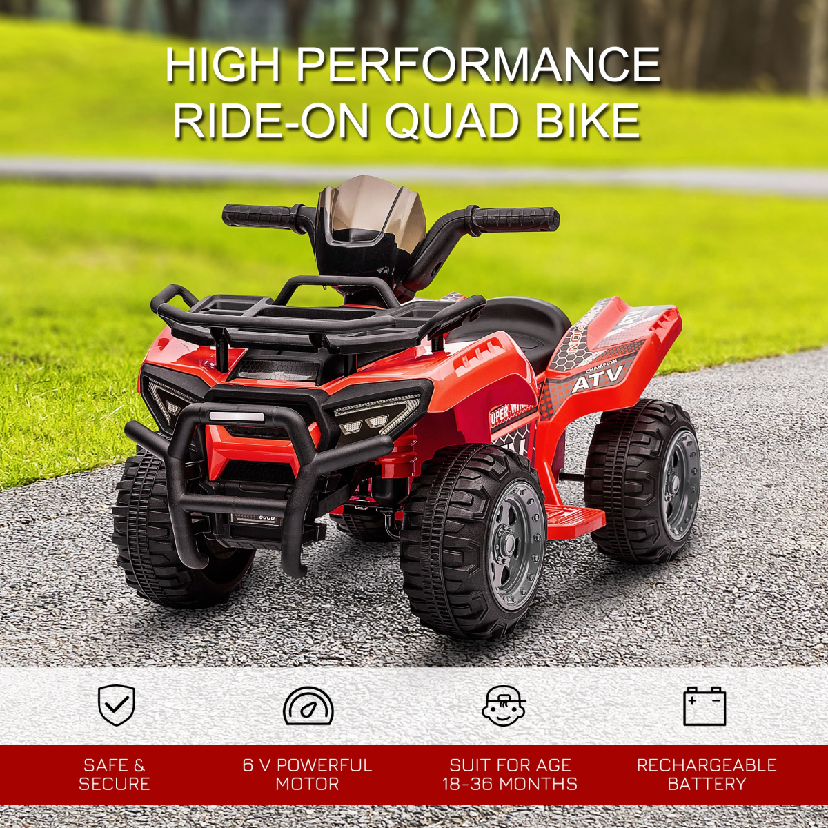 HOMCOM 6V Kids Electric Ride-On Quad Bike with Music – Toddler ATV for 18-36 Months, Red