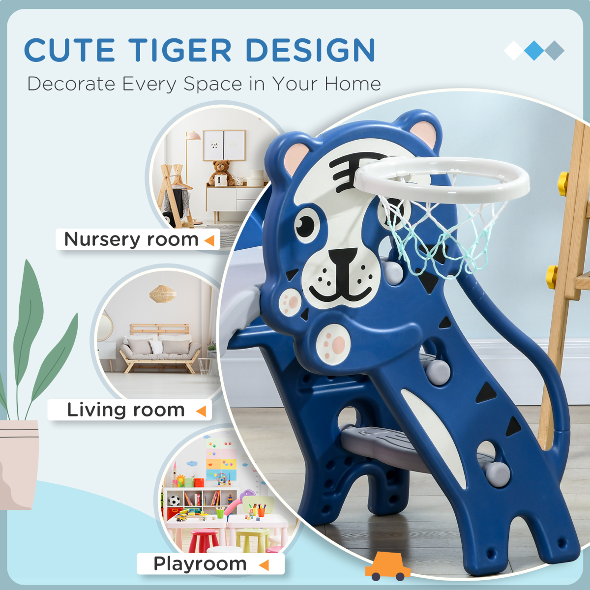 Kids 3-in-1 Slide with Climber & Basketball Hoop – Indoor Toddler Play Slide for 18-36 Months, Blue & Grey