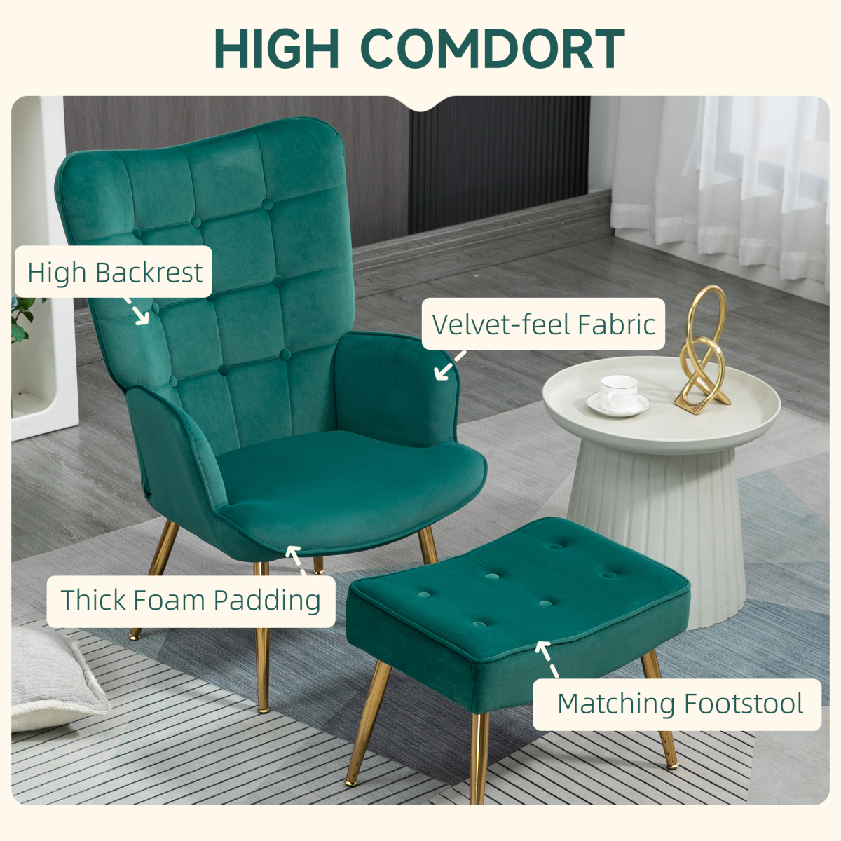 HOMCOM Button-Tufted Armchair & Footstool Set with Gold-Tone Steel Legs – Dark Green