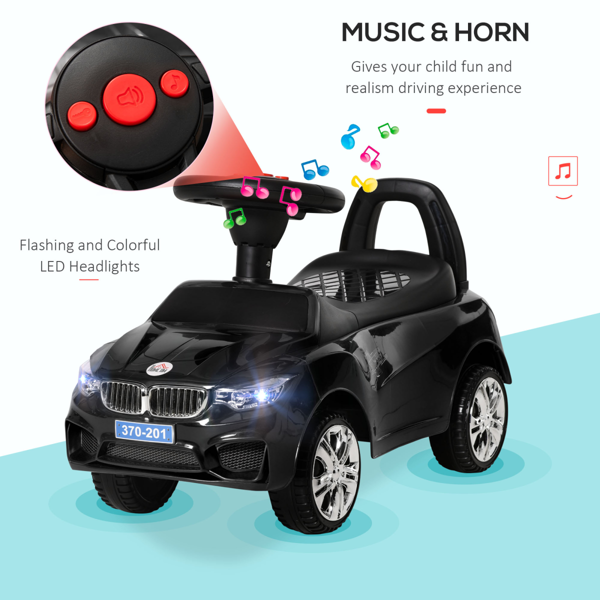 HOMCOM Ride-On Car for Toddlers with Steering Wheel, Horn & Under-Seat Storage – Foot-to-Floor Slider, Black