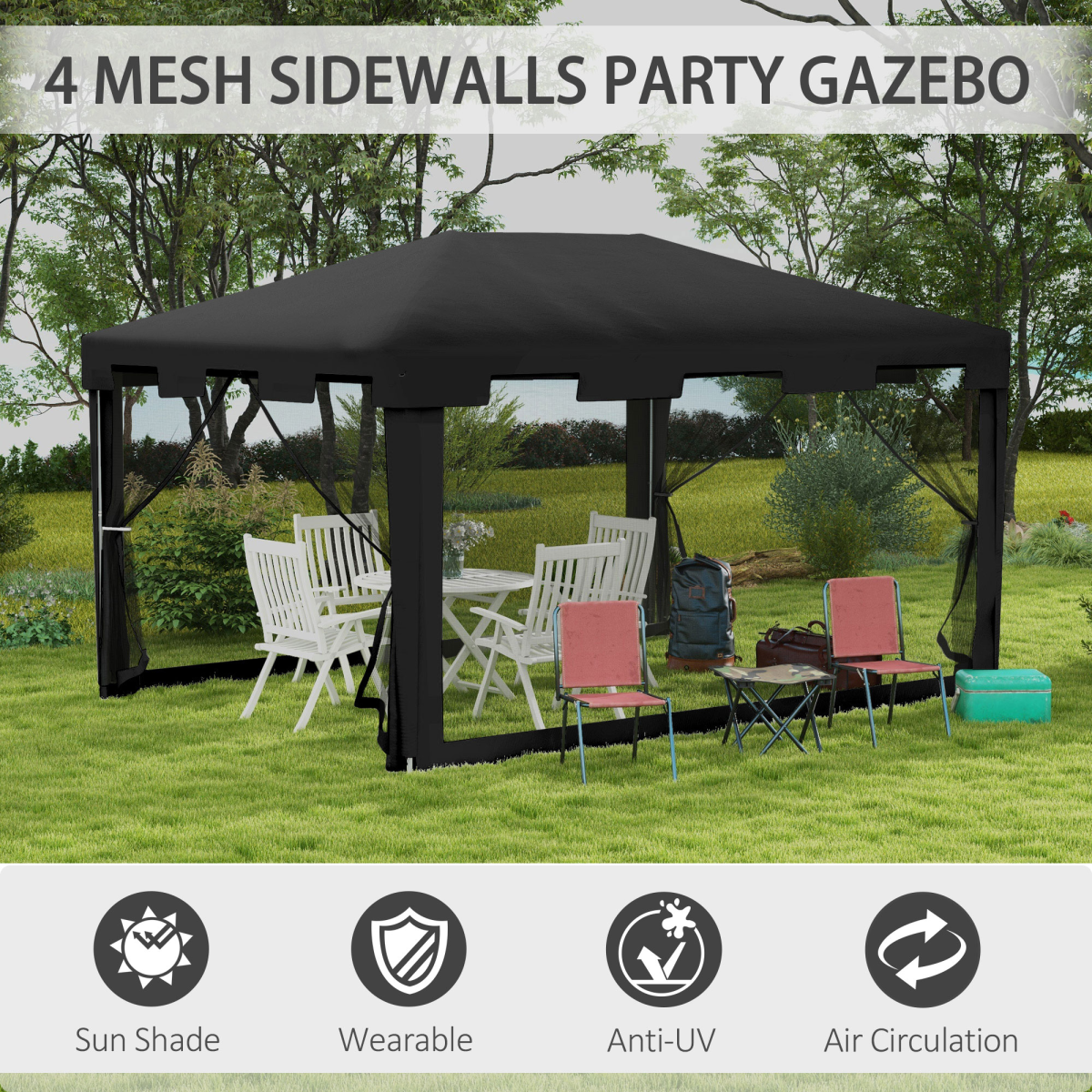 Outsunny 4 x 3m Waterproof Party Tent Gazebo with Zipped Mesh Curtains – Metal Frame, Garden Events