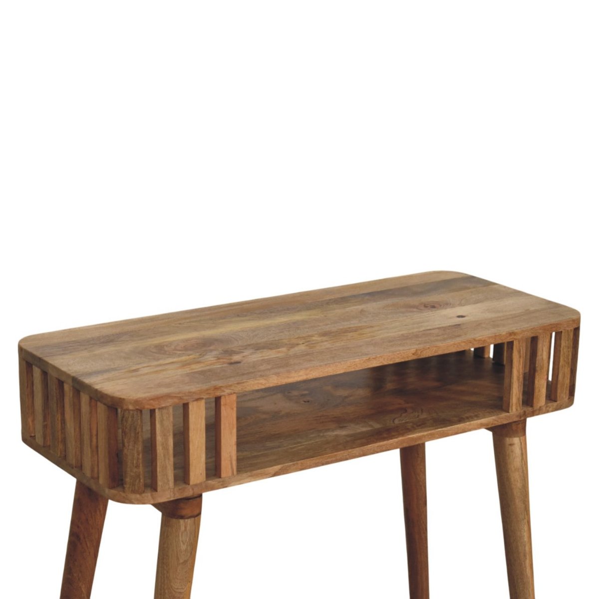 Artisan Furniture Slatted Solid Mango Wood Console Table with Open Shelf & Tapered Legs – Oak-ish Finish, Beige