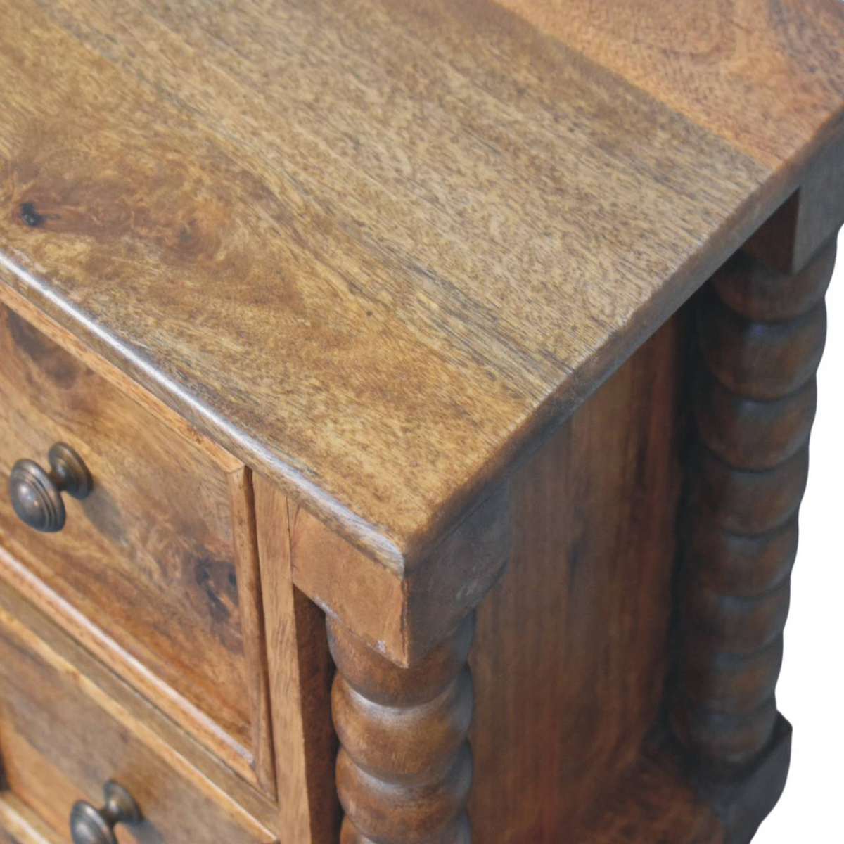 Artisan Furniture Solid Mango Wood Barley Twist Bedside Table, 2 Drawers – Classic Bedroom Storage, Amber Oak