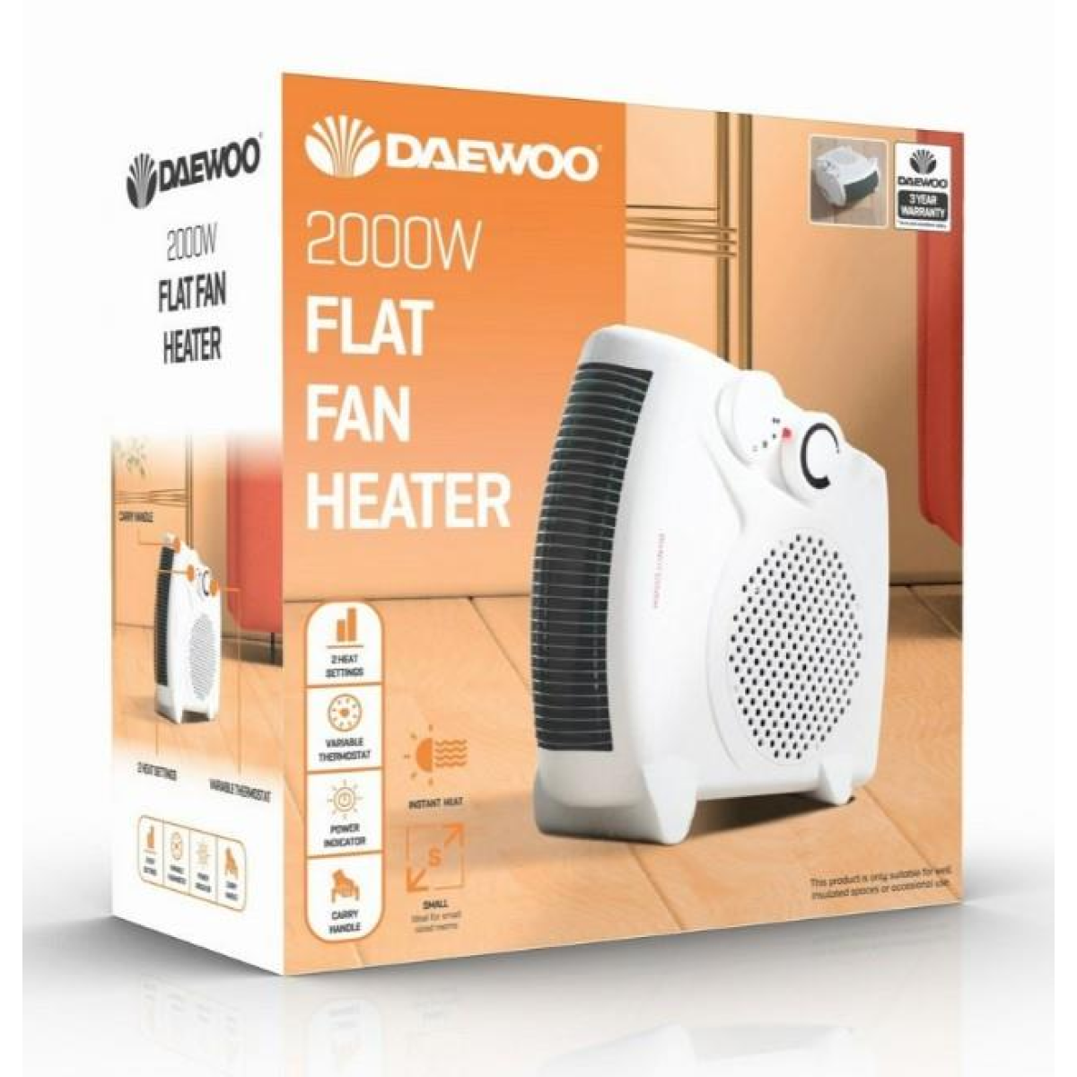 Daewoo 2000W Flat Fan Heater with 2 Heat Settings & Variable Thermostat – Instant Heat for Small Rooms