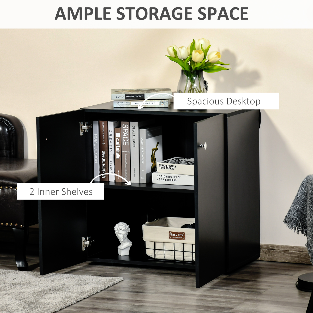 HOMCOM Freestanding Storage Cabinet with 2 Shelves – Wooden Sideboard for Bedroom or Office, Black