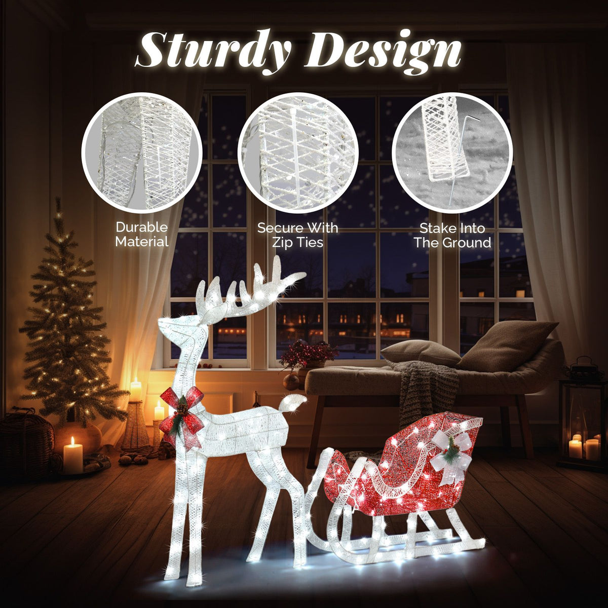 4ft Lighted Reindeer & Sleigh – Red & White