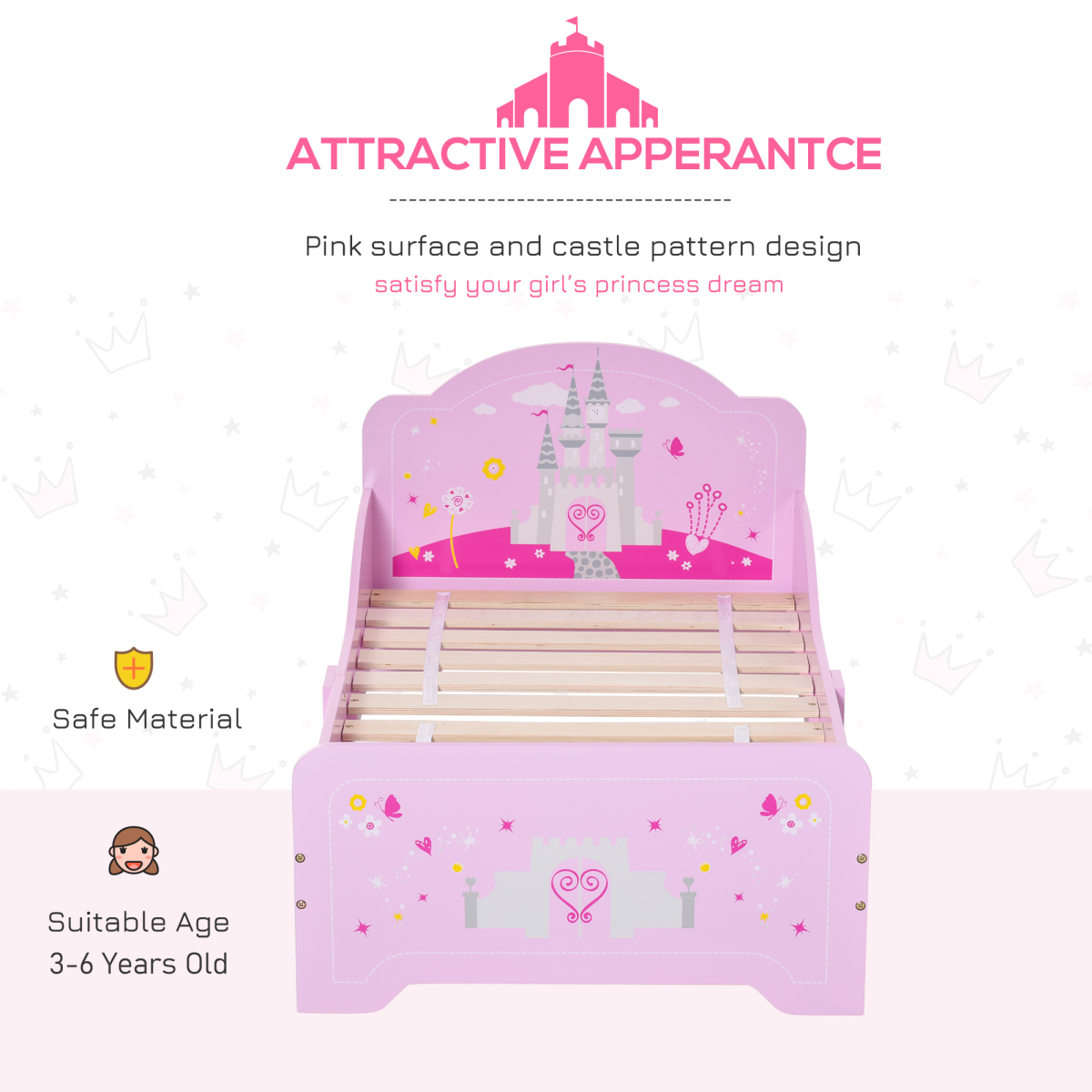 Princess Castle Toddler Bed with Side Rails & Slats – Pink Kids Bed Frame, Ages 3-6