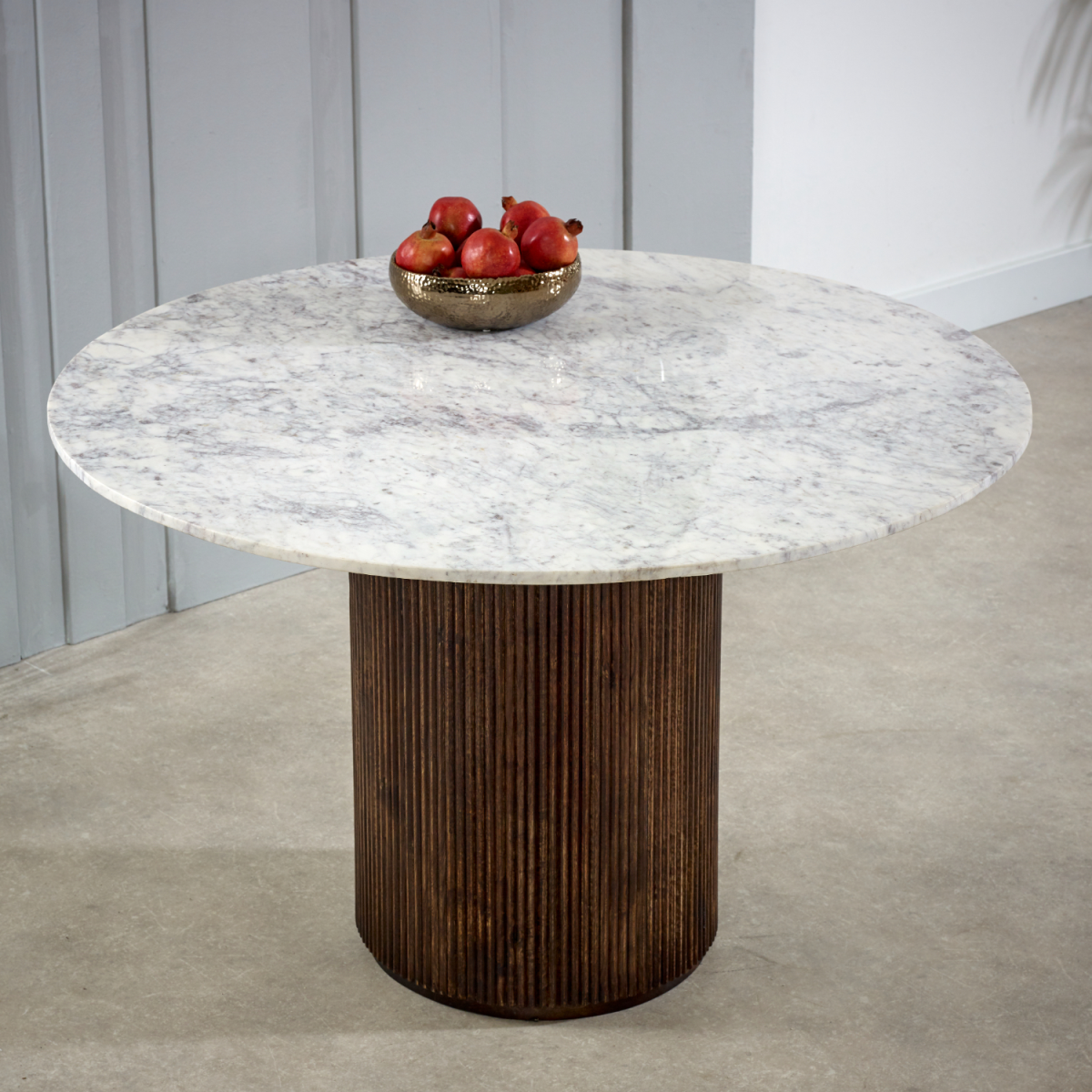 Opal Round Mango Wood Dining Table with White Marble Top – Handmade Artisan Table for Sociable Dining