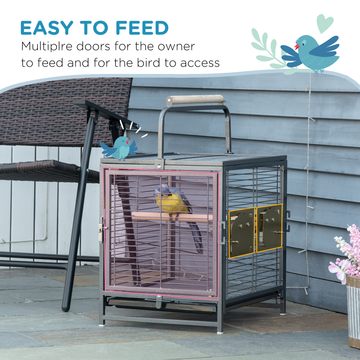 Wrought Iron Bird Cage with 4 Access Doors, Wooden Perch & Removable Tray – Portable Metal Cage with 2 Stainless Steel Bowls, Black