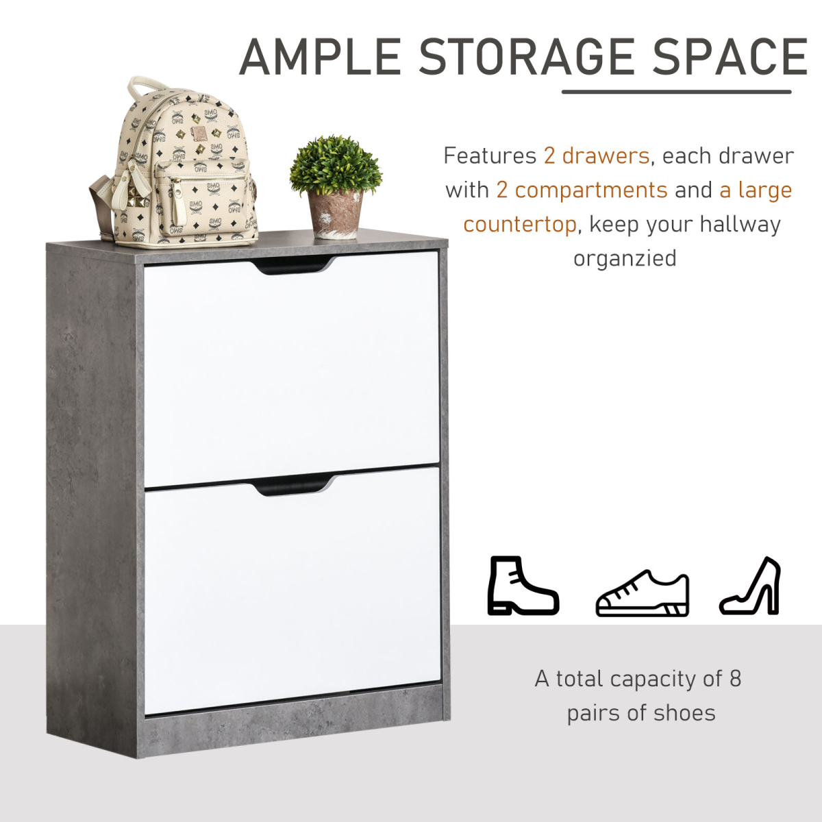 HOMCOM 2-Drawer Shoe Cabinet with Groove Handles – Slim Hallway Storage for 8 Pairs