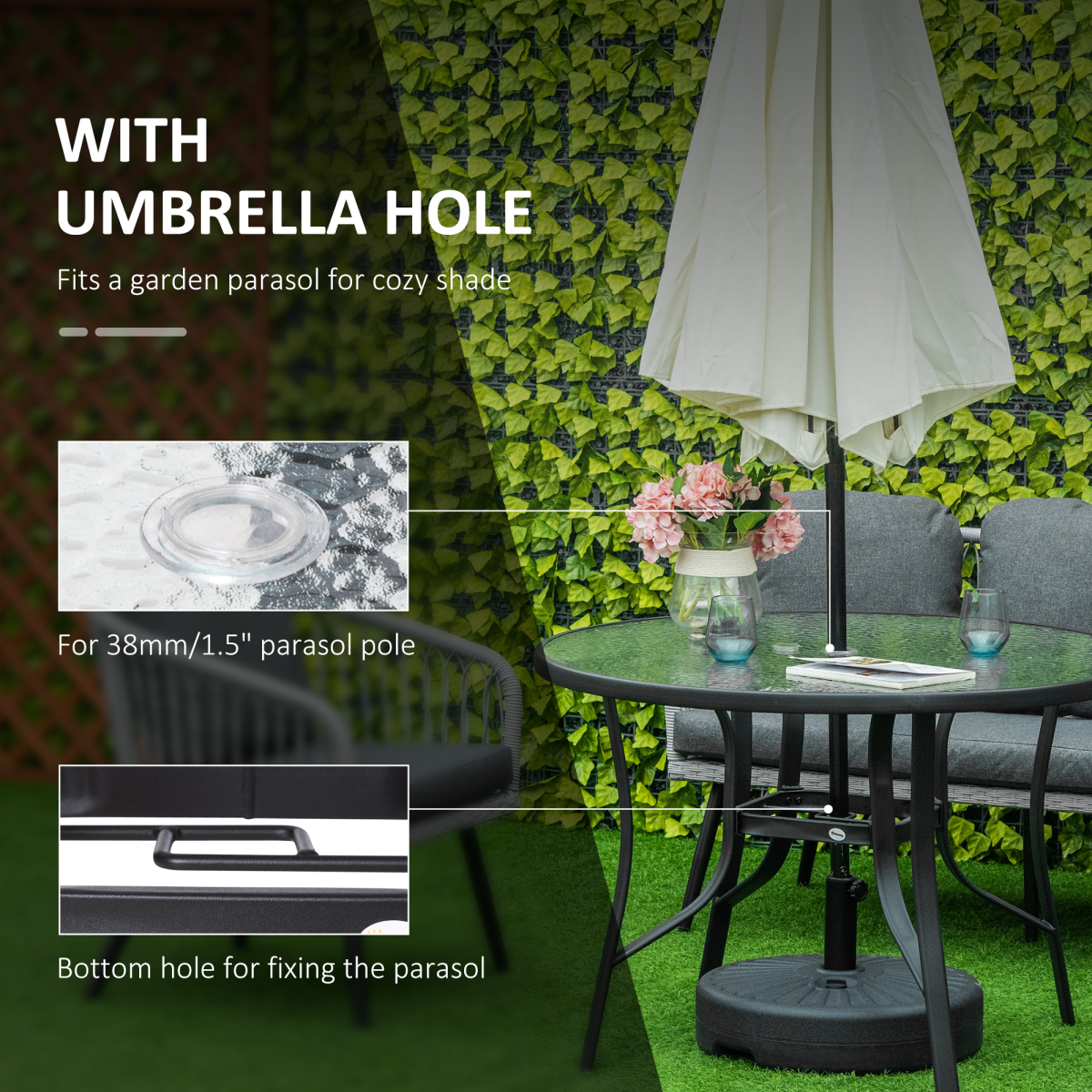 Outsunny 106cm Round Tempered Glass Garden Dining Table with Parasol Hole – Steel Frame Patio Furniture