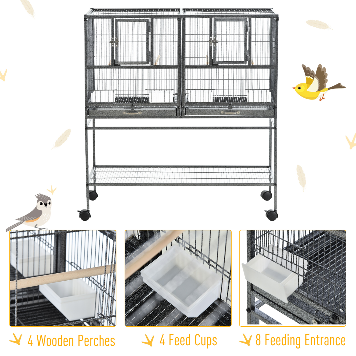 Large Rolling Bird Cage with Stand, 4 Perches and Food Bowls – Divisible Aviary for Finches and Canaries