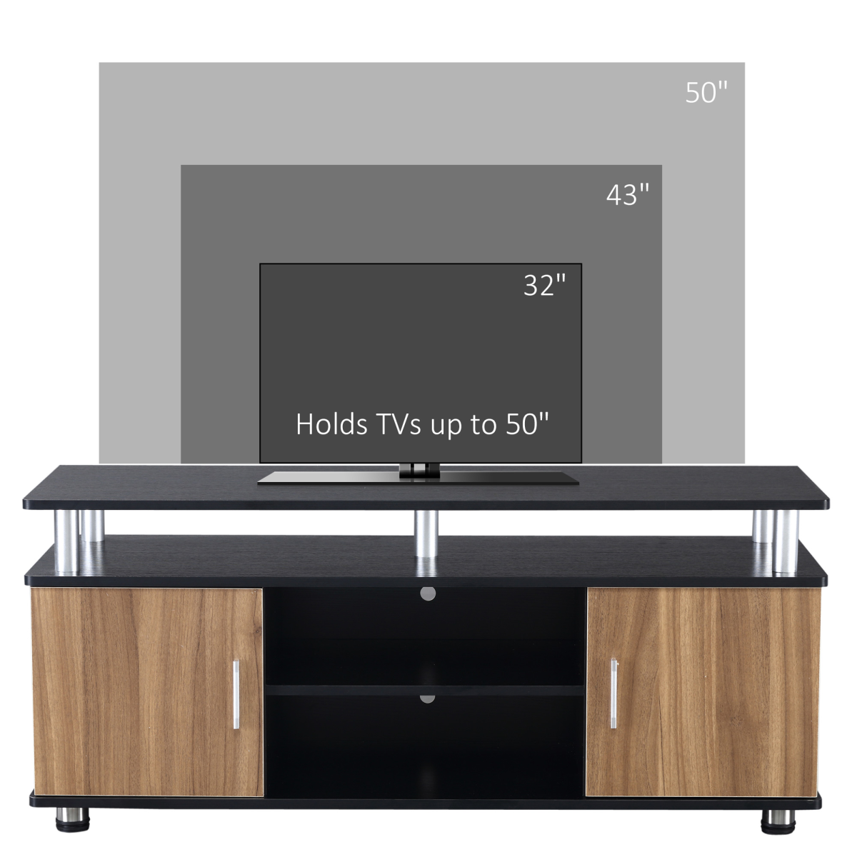 HOMCOM TV Cabinet Media Console with Cupboards, Shelves & Cable Management – Living Room Unit, Black & Walnut