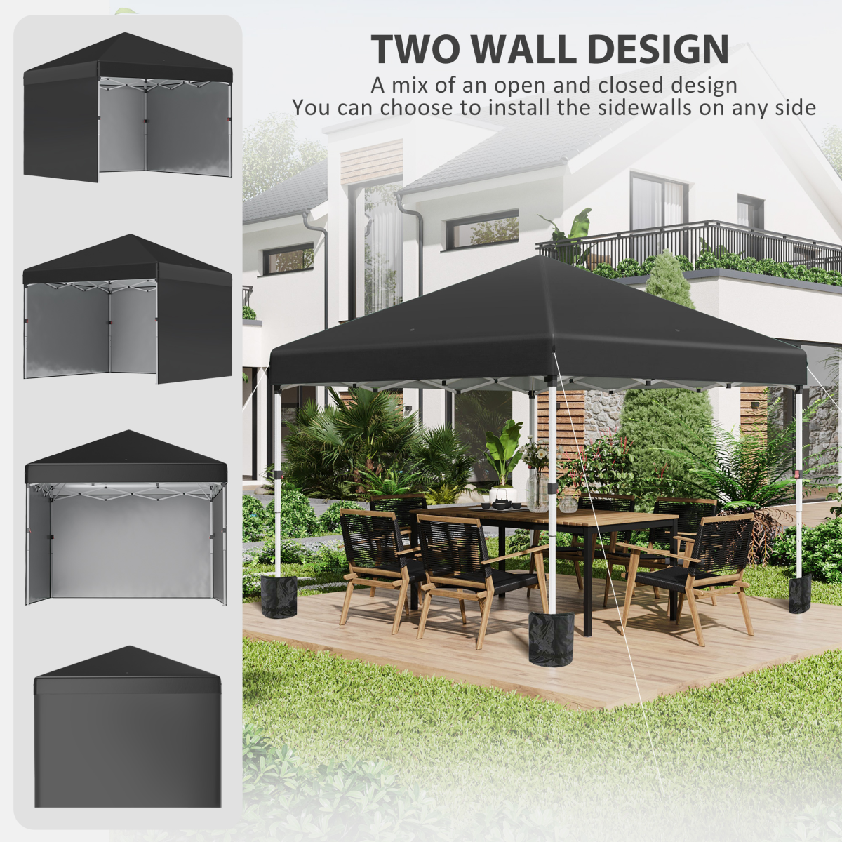 Outsunny 3x3m Pop-Up Gazebo Party Tent with 3 Sidewalls & Weight Bags, Steel Frame – Outdoor Shelter, Black