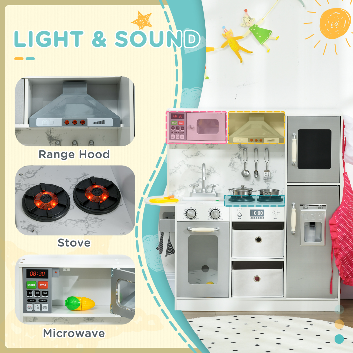 AIYAPLAY Toy Kitchen Playset with Lights, Sounds, Apron & Chef Hat – Kids Role Play Kitchen, White
