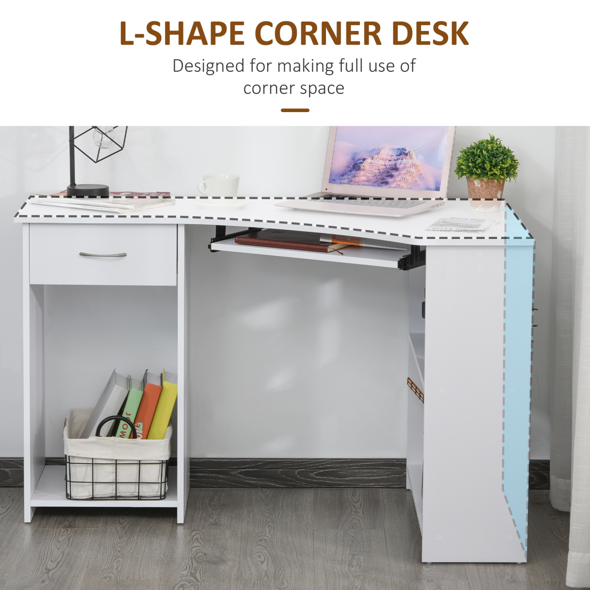 L-Shaped Corner Computer Desk with Sliding Keyboard Tray & 2 Storage Shelves – Home Office Workstation, White