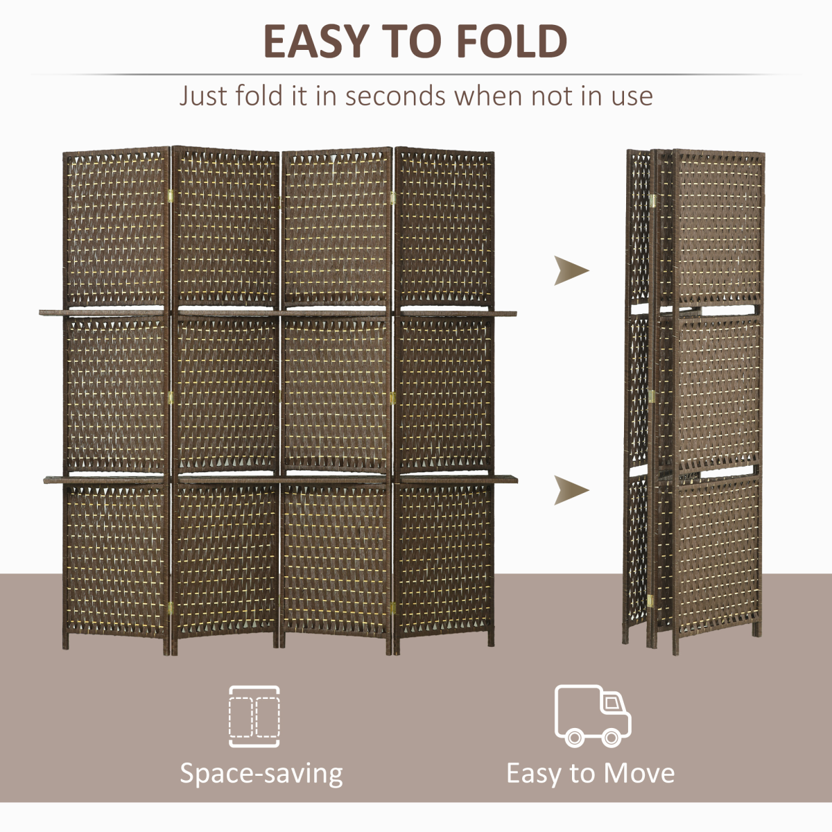 4-Panel Folding Room Divider with Shelves – Woven Wicker Effect Privacy Screen with Wood Frame, Brown