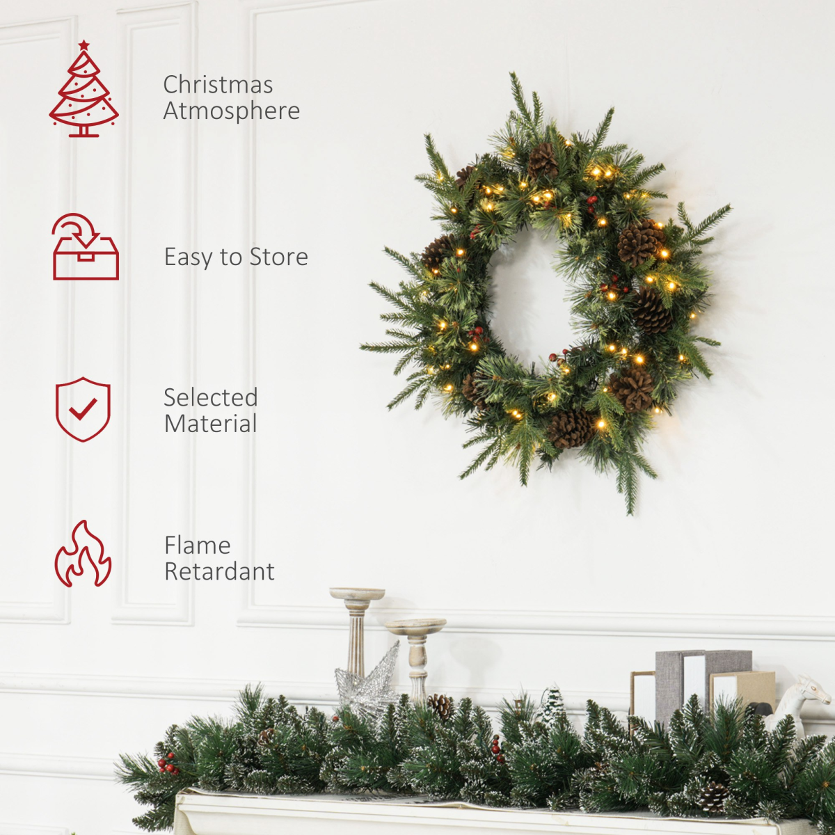 HOMCOM 60cm Christmas Wreath with 50 Warm White LED Lights, Pine Cones & Red Berries – Door Decoration, Green