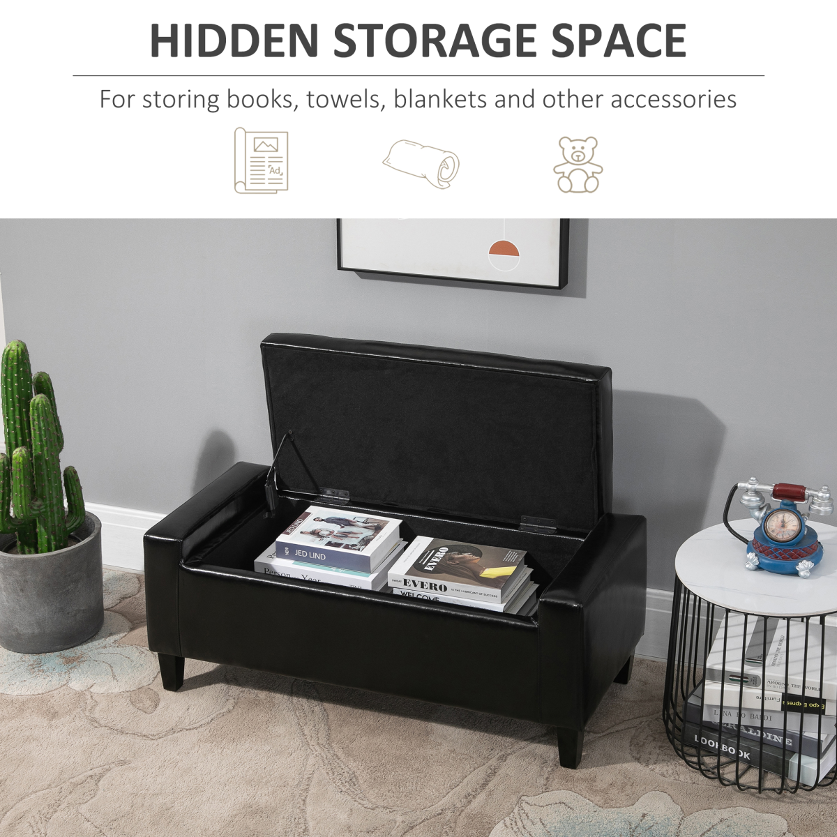 HOMCOM Deluxe Tufted PU Leather Storage Ottoman Bench with Hidden Storage – Footrest and End-of-Bed Seat