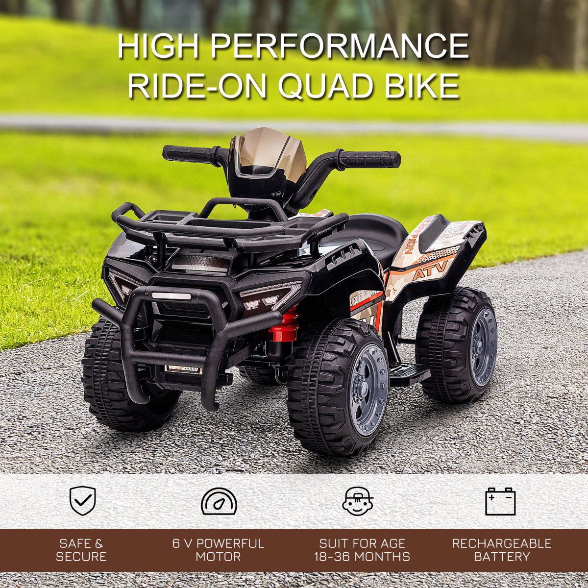 Kids Ride-On Four Wheeler ATV with Music and Large Tyres – Electric Quad for Ages 18-36 Months, Black