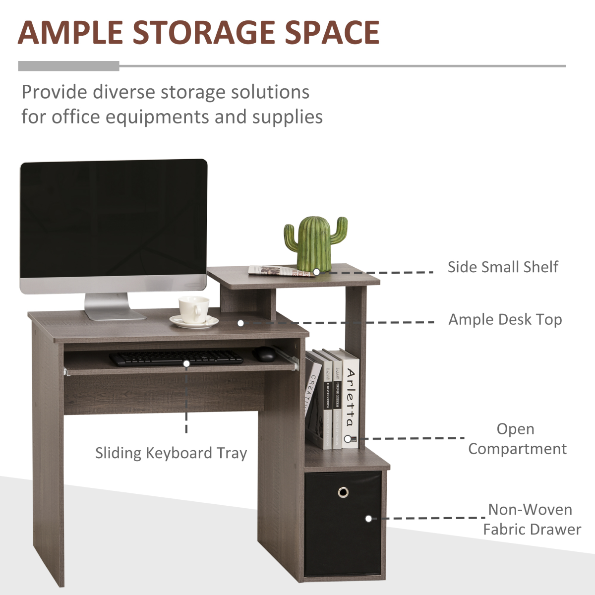 HOMCOM Computer Desk with Sliding Keyboard Tray, Storage Drawer & Shelf – Compact Home Office Desk, Grey
