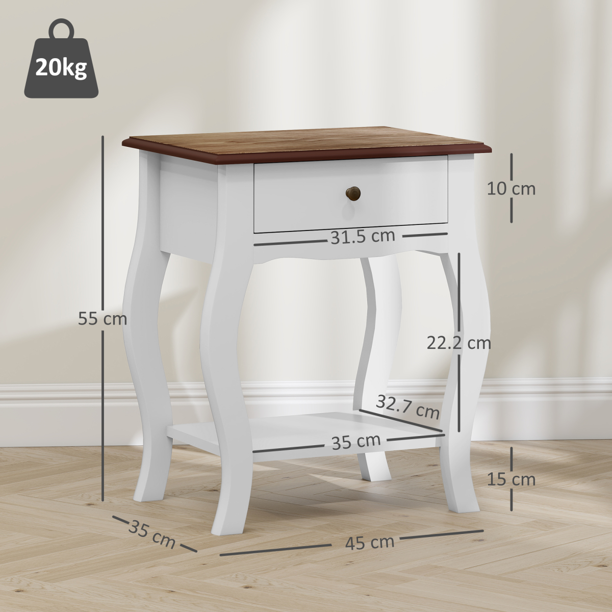 Set of 2 Bedside Tables with Drawer and Open Shelf – Bedroom Nightstands with Oak Effect Top, White