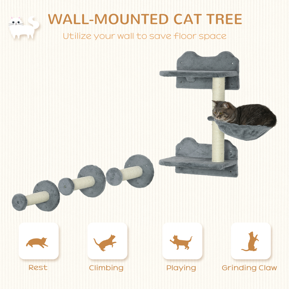 PawHut Wall-Mounted Cat Shelf with Scratching Posts & Hammock – Indoor Cat Tree Climbing Furniture, Grey
