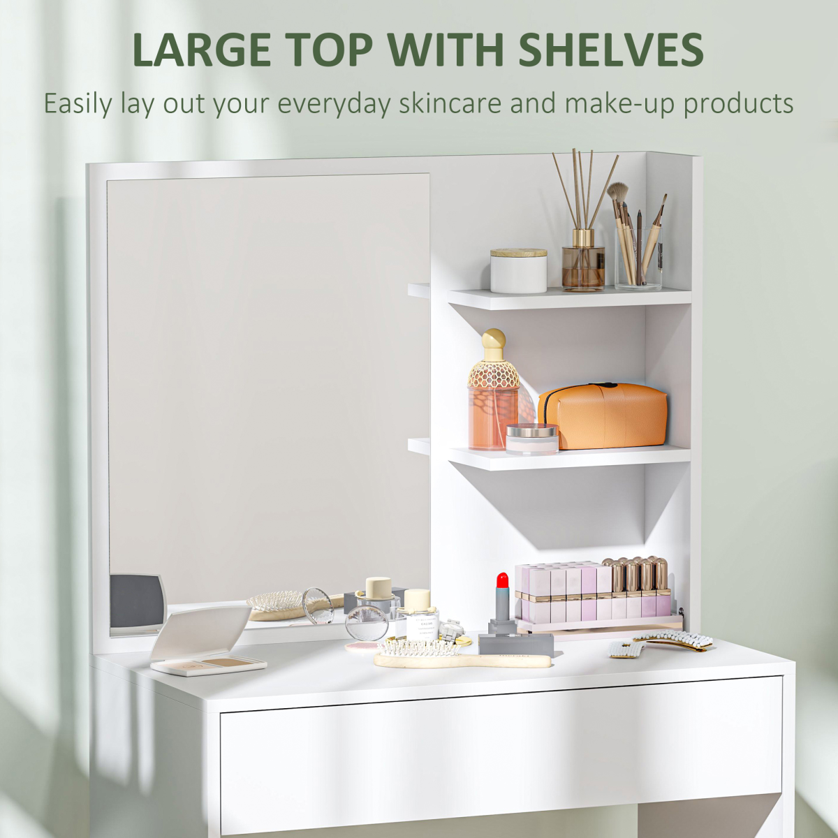 HOMCOM Modern Dressing Table with Large Mirror, Drawer & 3-Tier Open Shelves – Bedroom Vanity, White