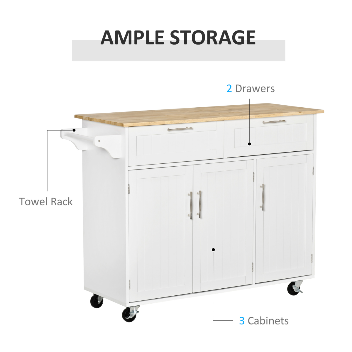 HOMCOM Kitchen Island Utility Cart with 2 Drawers, 3 Cabinets, Towel Rail & Castor Wheels – White