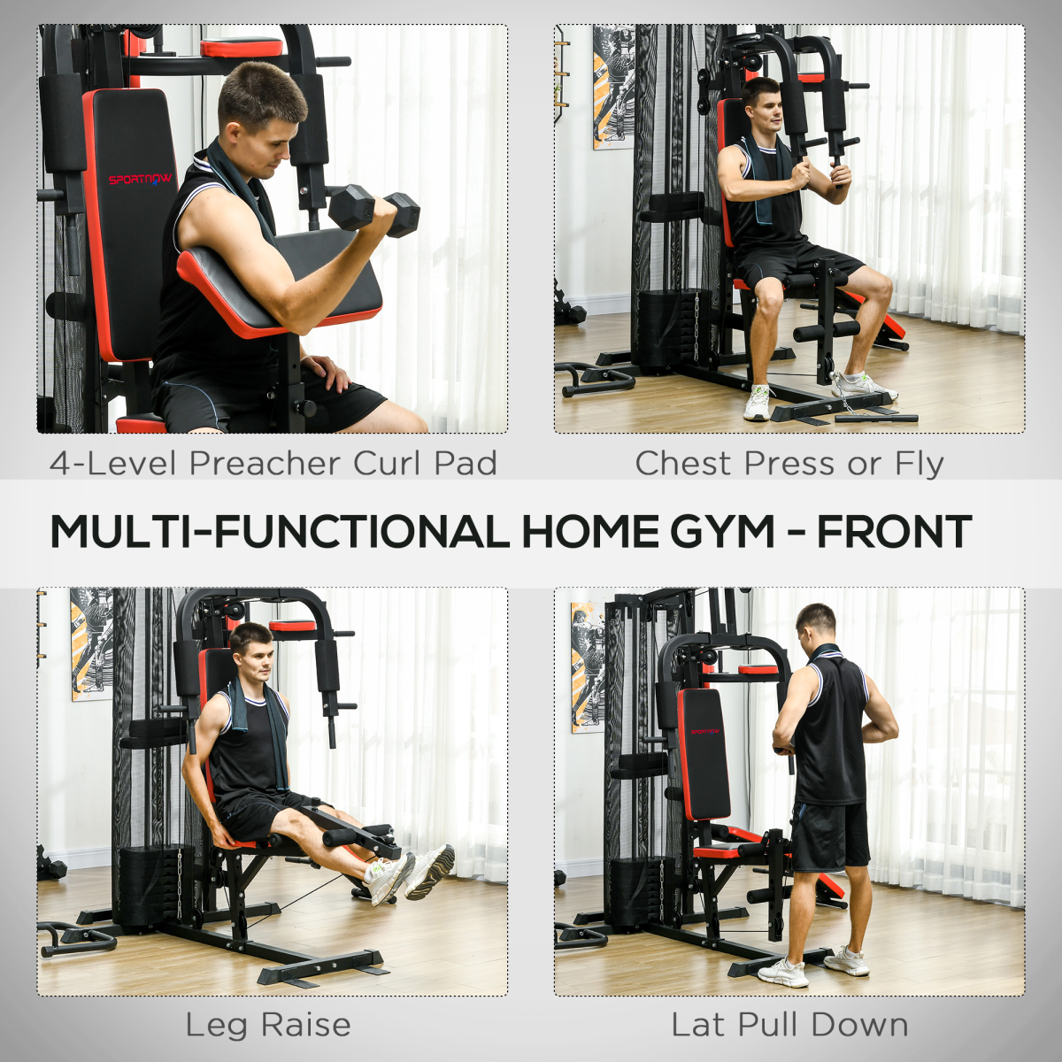 Outsunny Multi Gym Workout Station with 65kg Weight Stack, Sit Up Bench, Push Up Stand & Dip Station – Home Gym, Black